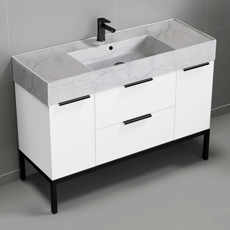 Nameeks DERIN768 Modern Bathroom Vanity With Marble Design Sink, Floor Standing, 48 Inch, Glossy White